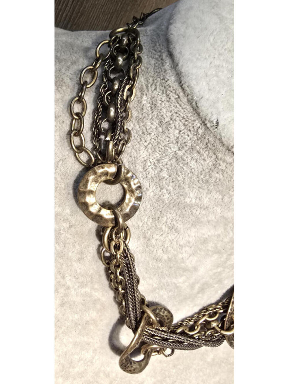 VCLM Bronze Tone Necklace Layered Multi Chain w Hammered Circle Accents - Picture 3 of 4